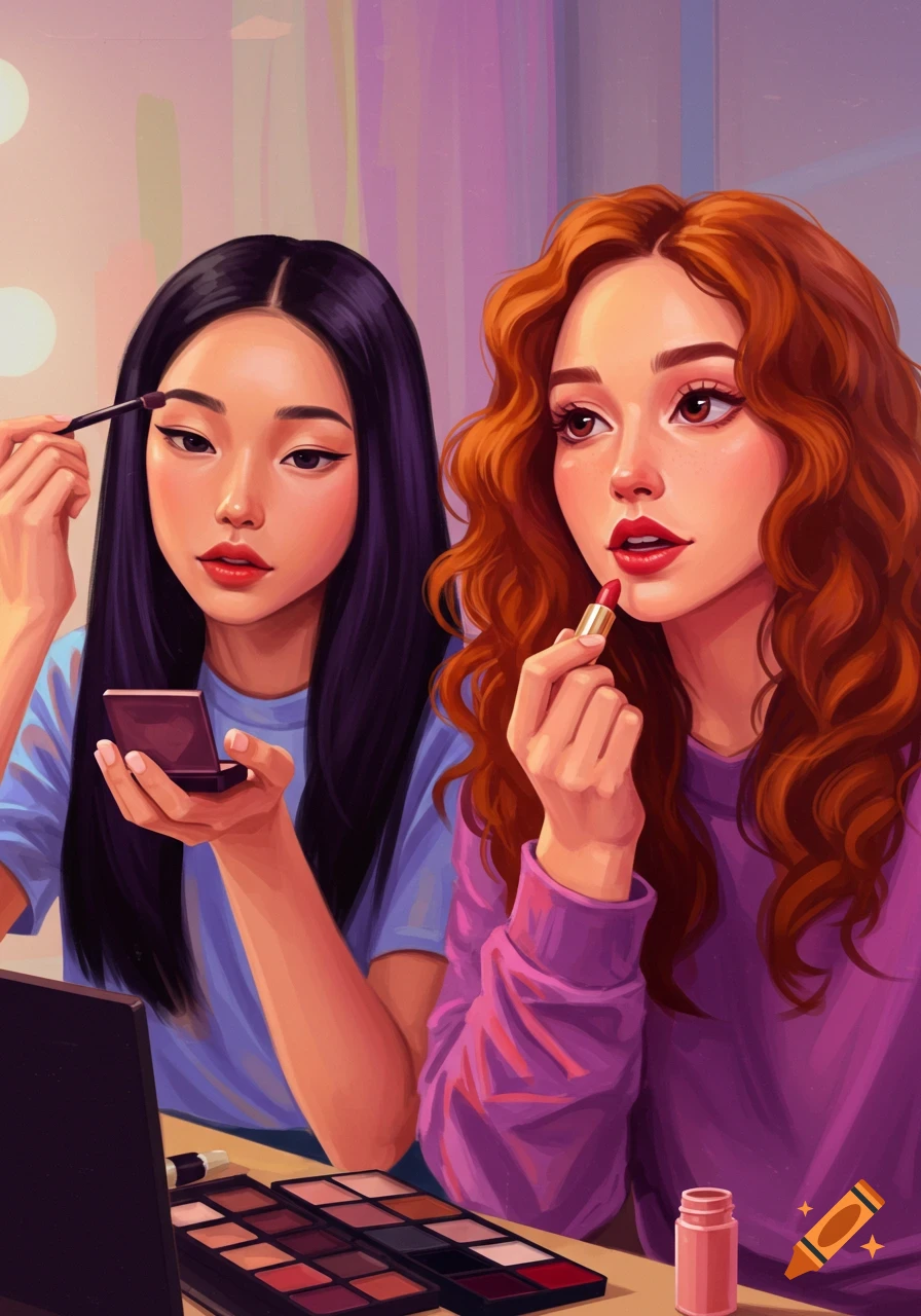 Two women apply makeup, stylized illustration