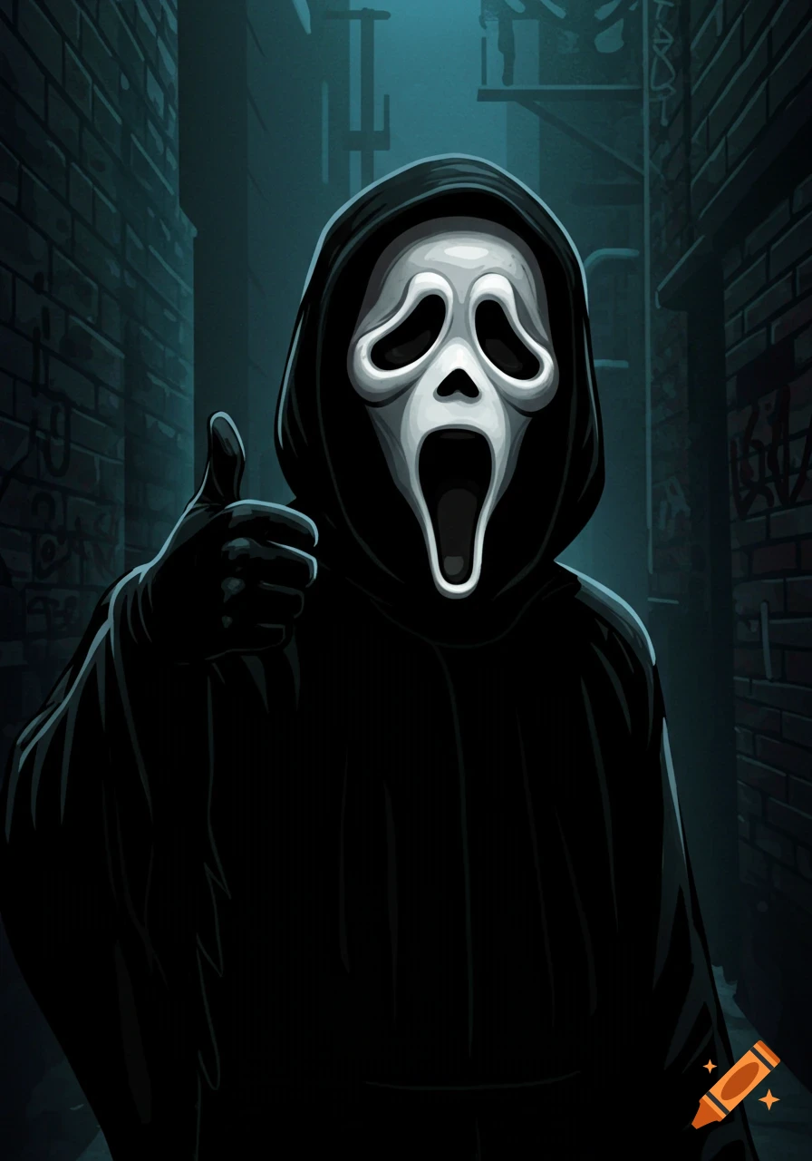 Stylized illustration of Ghostface giving a thumbs-up in a dark alleyway.