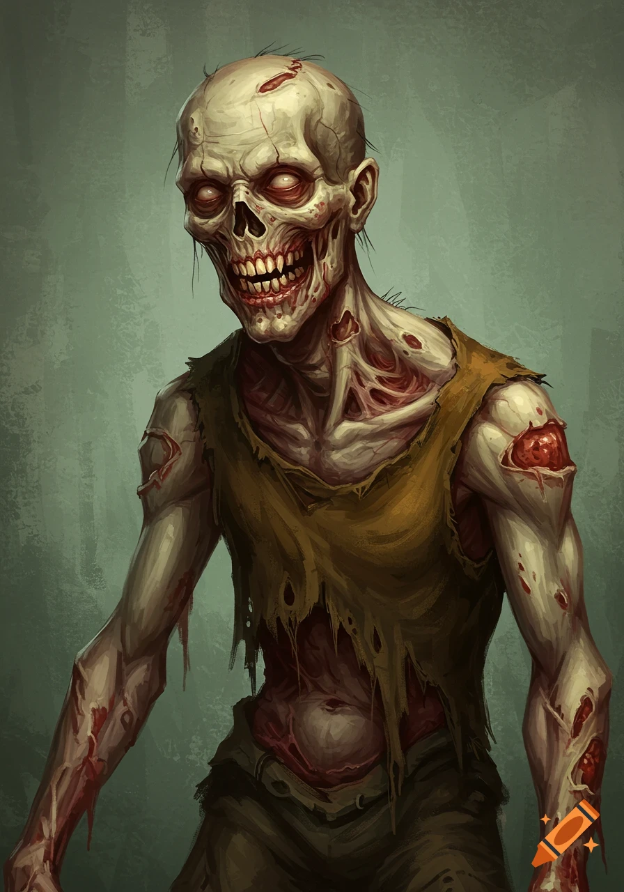 A stylized illustration of a decaying zombie.