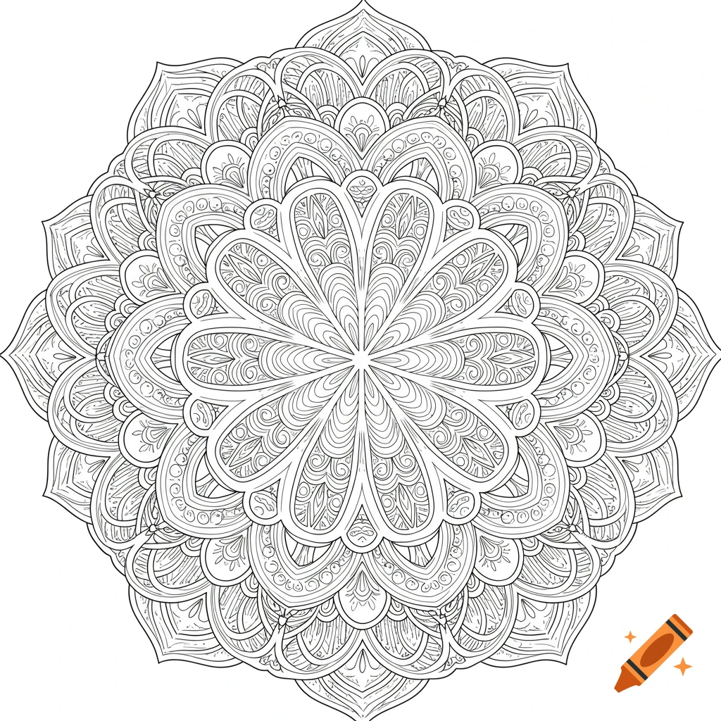 Black and white line drawing of a detailed mandala pattern.