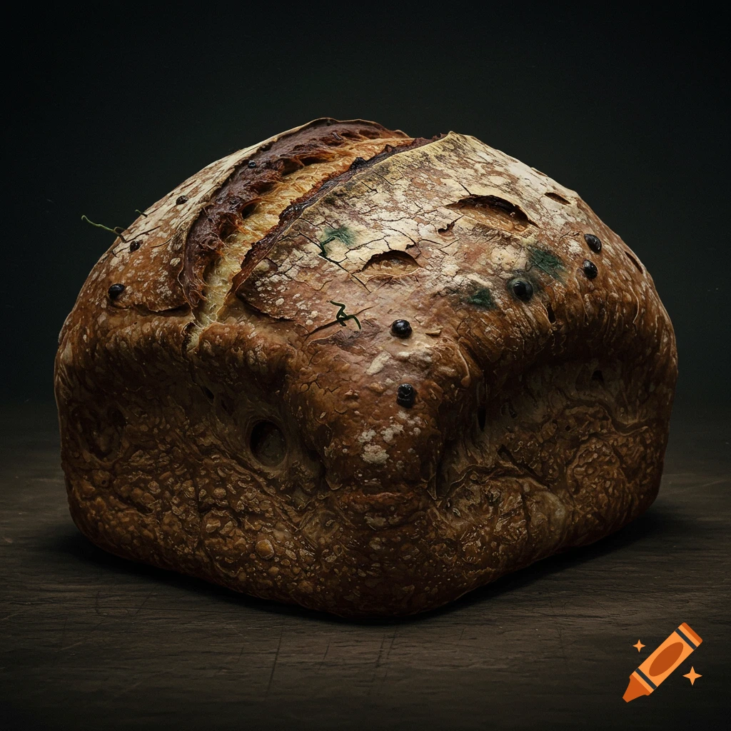 Creepy sourdough bread loaf on a dark surface