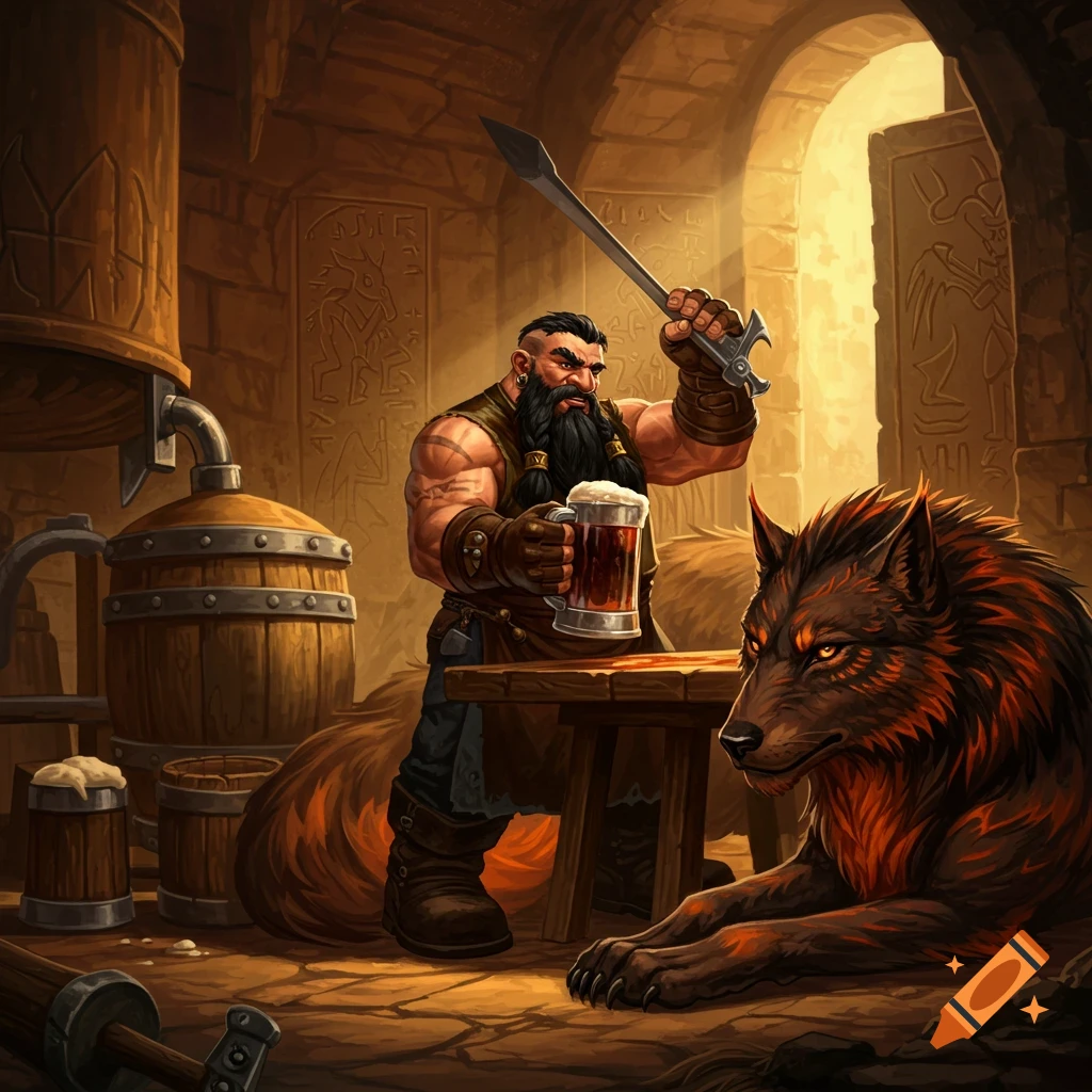 A strong dwarf holds a beer and a weapon near a table with a large, fiery-eyed mythical creature in a brewery. Digital illustration.