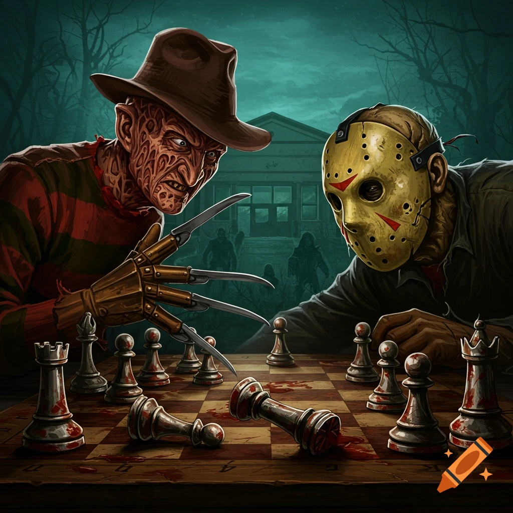 Illustrative art of Freddy Krueger playing chess against Jason Voorhees.