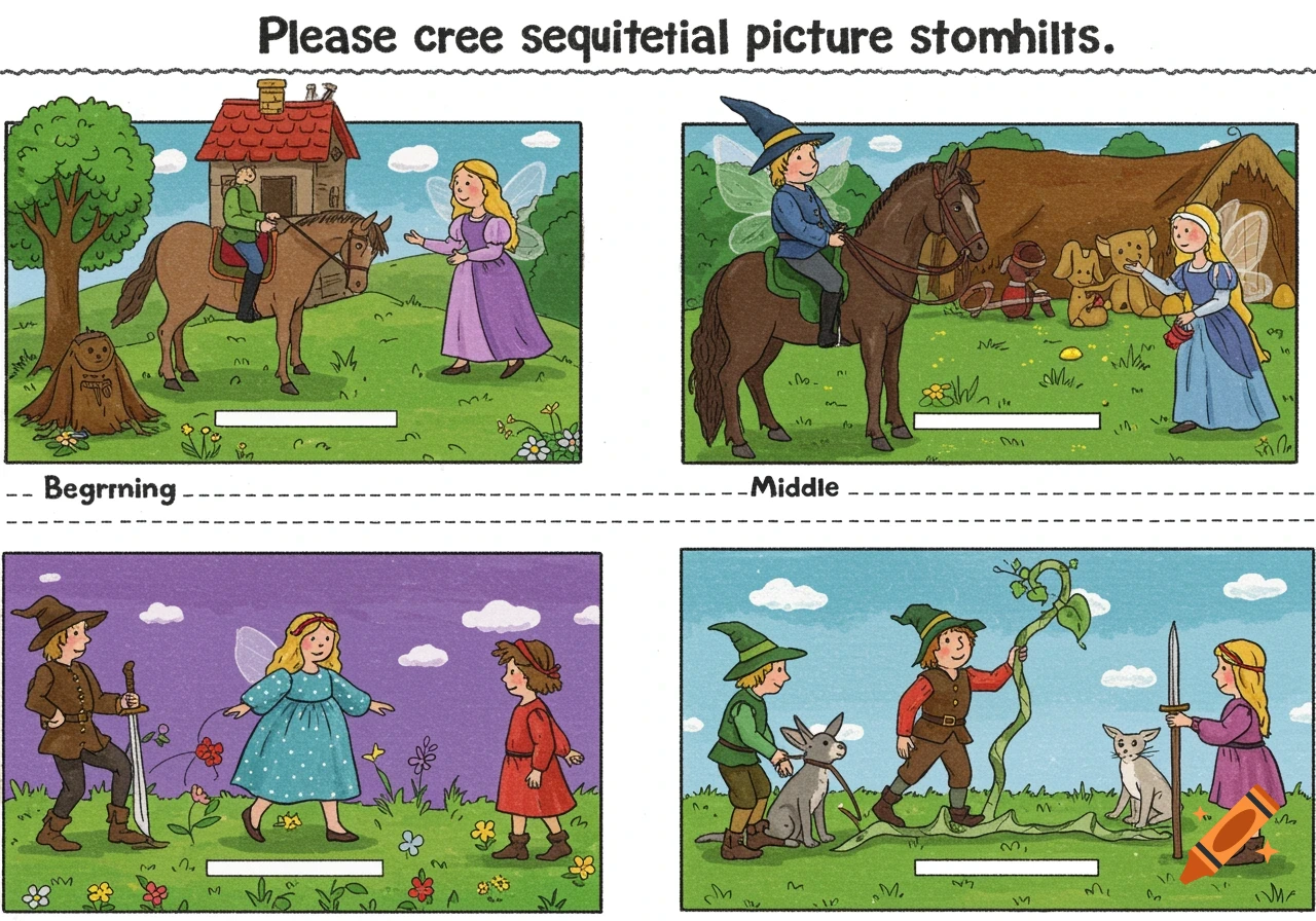 Four illustrated panels in a children's book style showing fairy tale scenes with characters and a beanstalk.