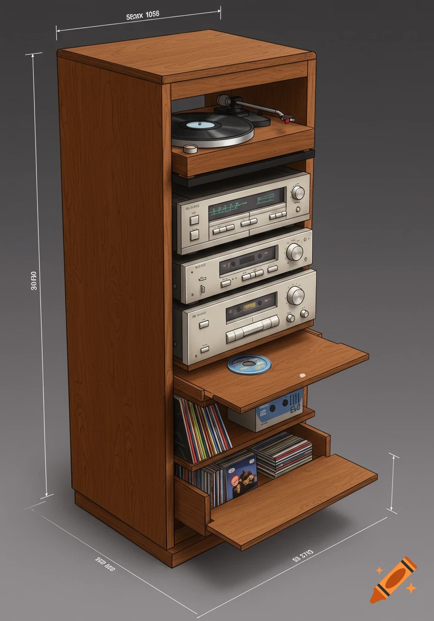 A wooden stereo cabinet holding a turntable, receiver, tape player, and CD player, with storage for records and CDs.