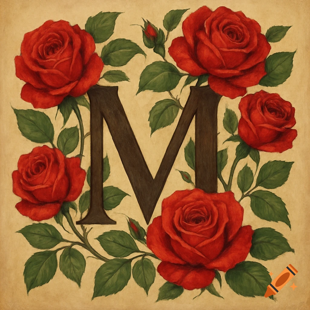 Capital letter M surrounded by red roses on a tan background.
