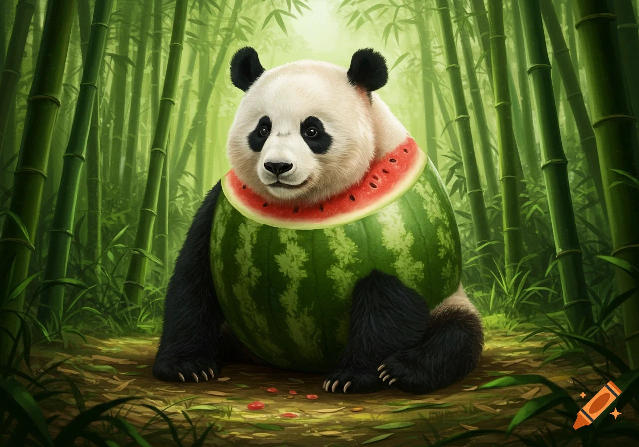 A panda with a watermelon body sits in a bamboo forest.