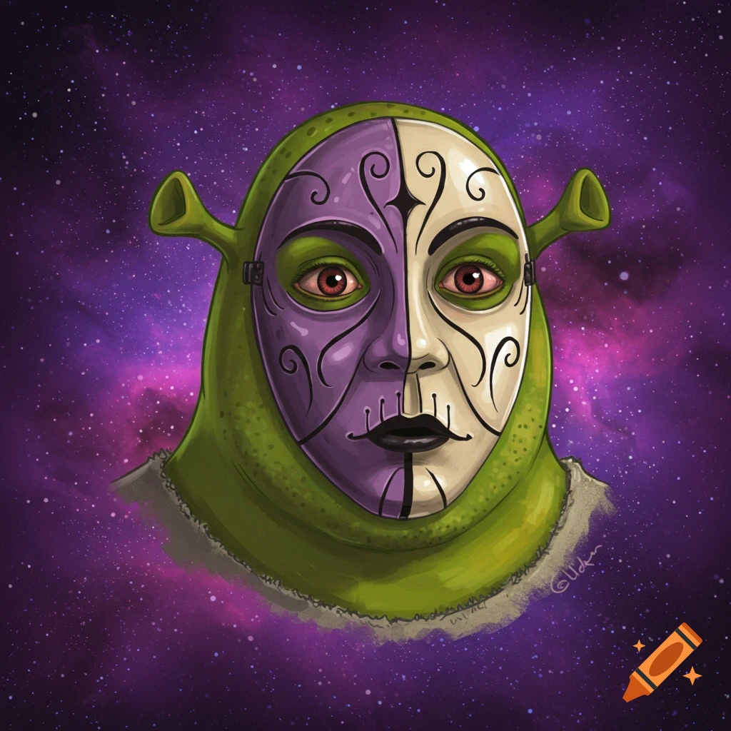 Illustration of Shrek wearing a split purple and white mask against a galaxy background.