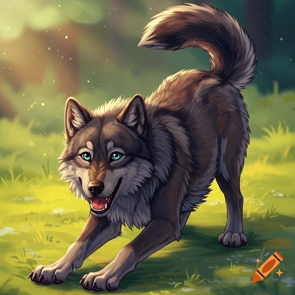 Cartoon illustration of a wolf in a play bow stance in a sunny field