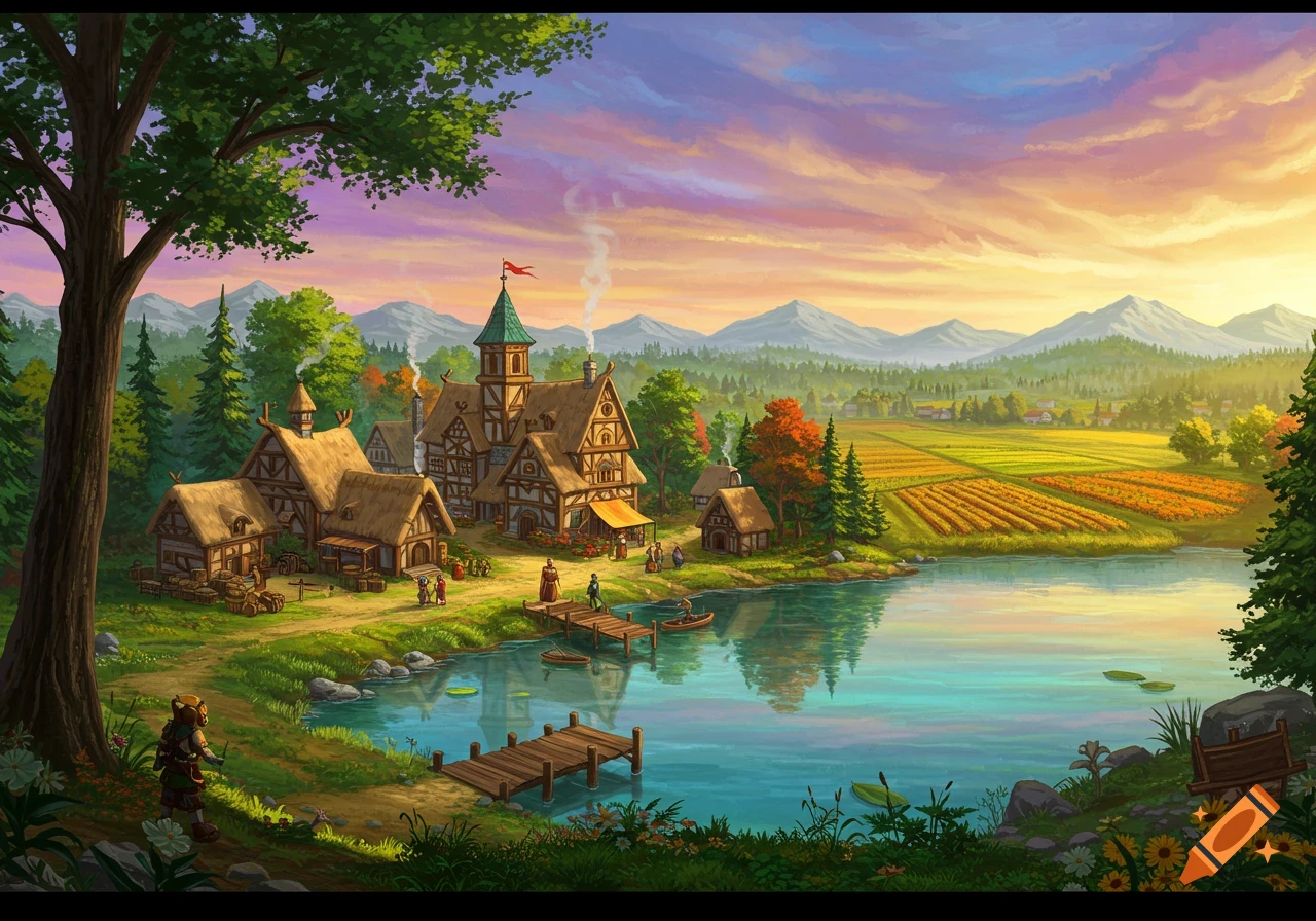 A fantasy medieval village sits by a lake, surrounded by forest, mountains, and farmland at sunset.
