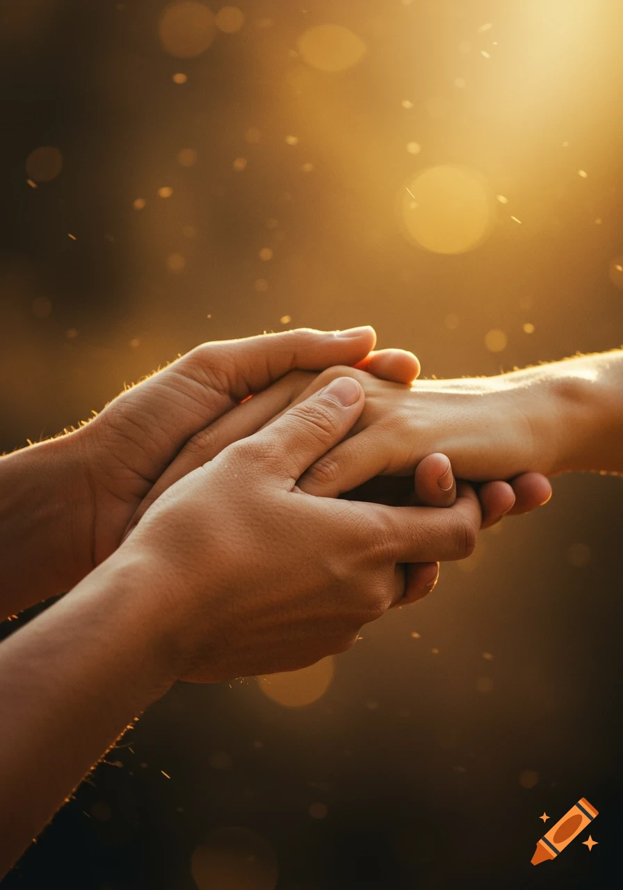 Close-up of two hands gently holding each other in warm golden light.