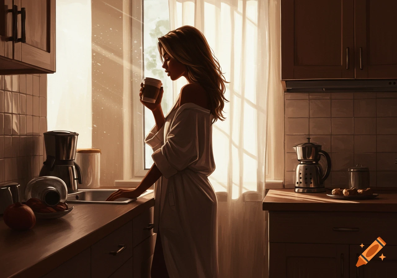 Stylized image of a woman in a robe holding coffee in a sunlit kitchen.