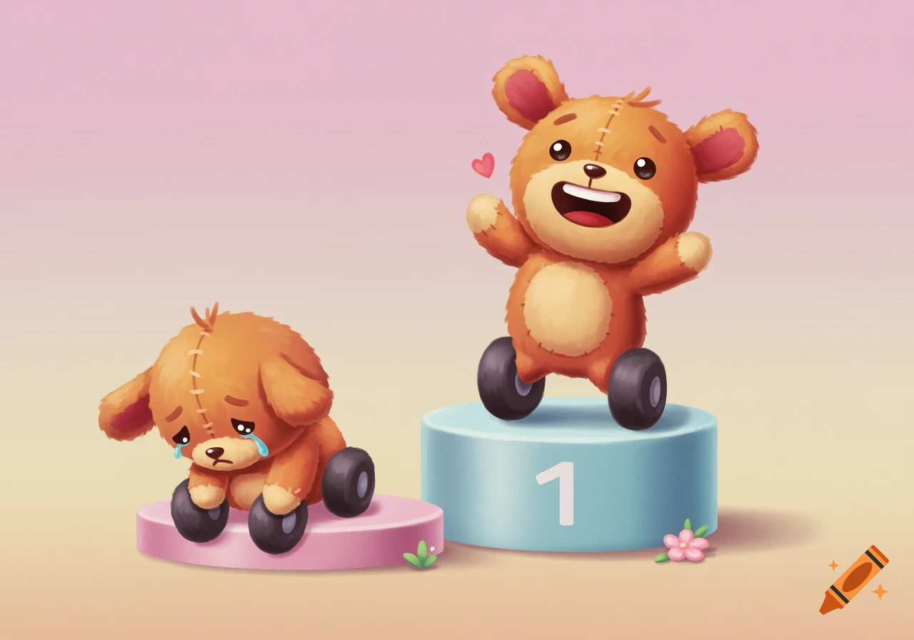 Illustration of a sad teddy bear toy on a pink podium and a happy teddy bear toy on a blue podium with the number 1.