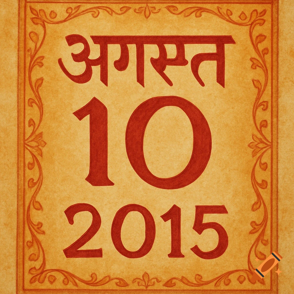 A calendar entry for August 10, 2015, with red text and ornate orange borders on a textured background.