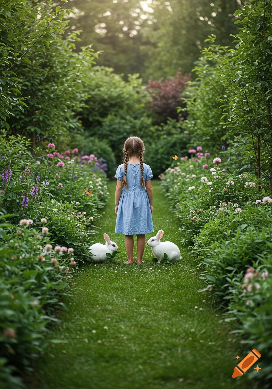 A girl stands in a lush garden path with two white rabbits and butterflies, photorealistic.