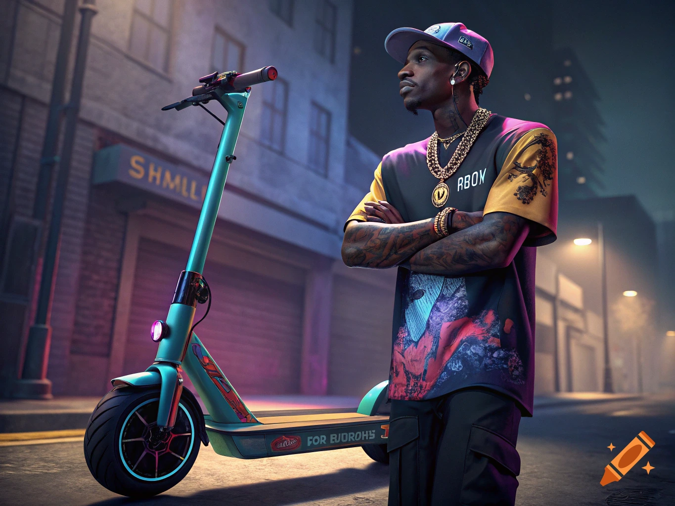A stylish man stands next to a blue electric scooter in a dimly lit urban street scene.