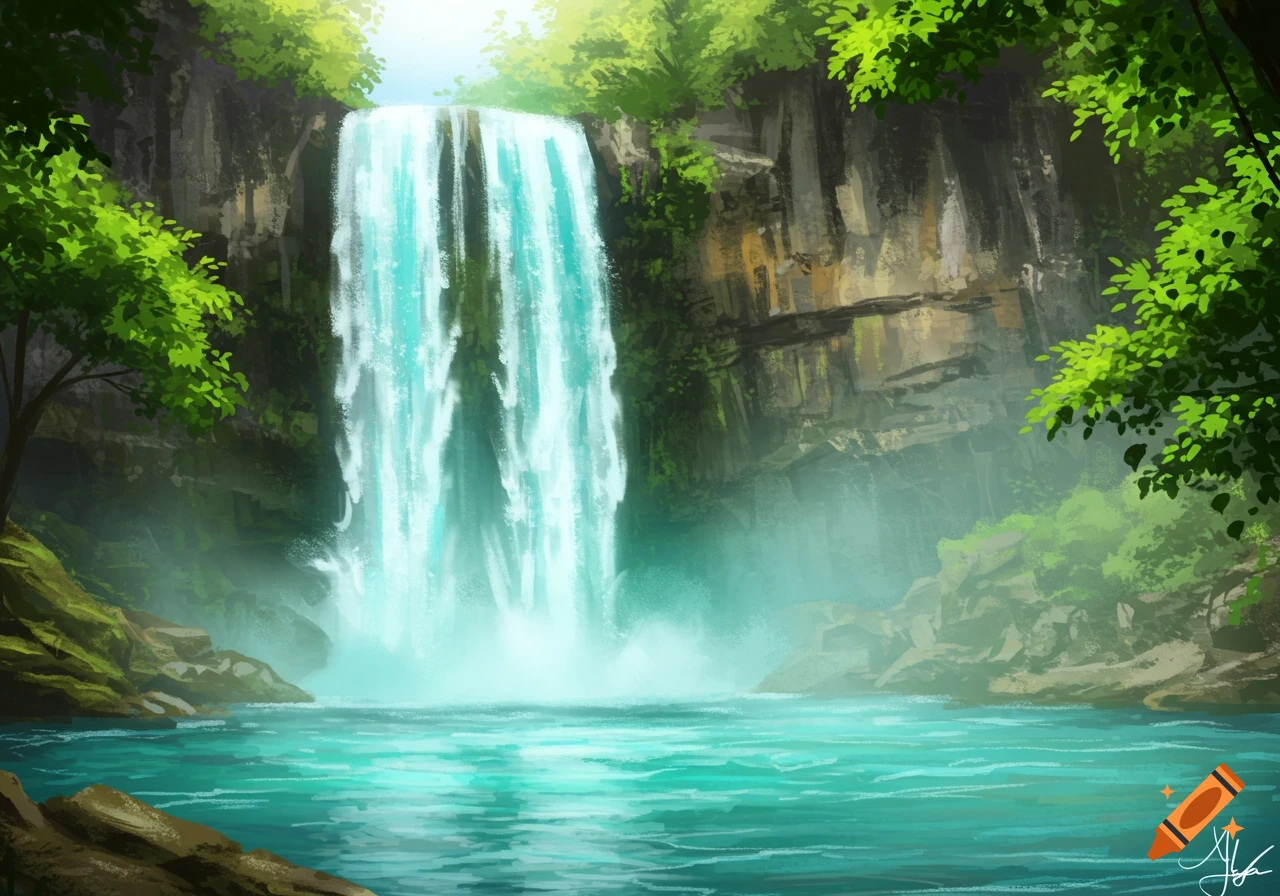 A lush digital painting of a waterfall cascading into a vibrant blue pool surrounded by cliffs and green trees.