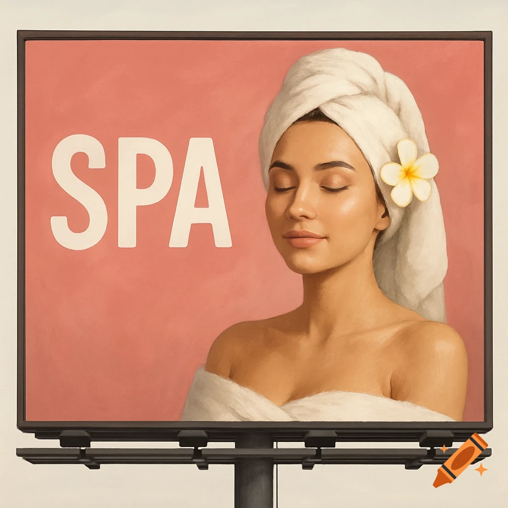 A billboard advertising a spa, featuring a woman wrapped in a towel with a flower in her hair and the large text "SPA".