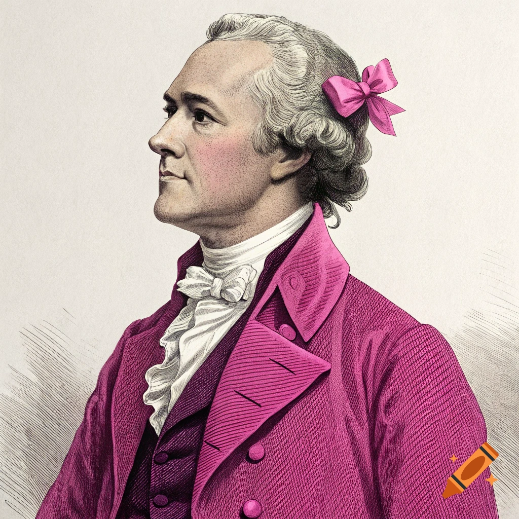 Illustration of Alexander Hamilton in profile, wearing a pink suit and pink bow.