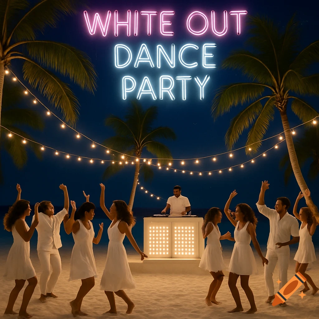 People in white dance on a beach at night under palm trees with string lights and a neon sign saying "WHITE OUT DANCE PARTY". A DJ is at a booth.