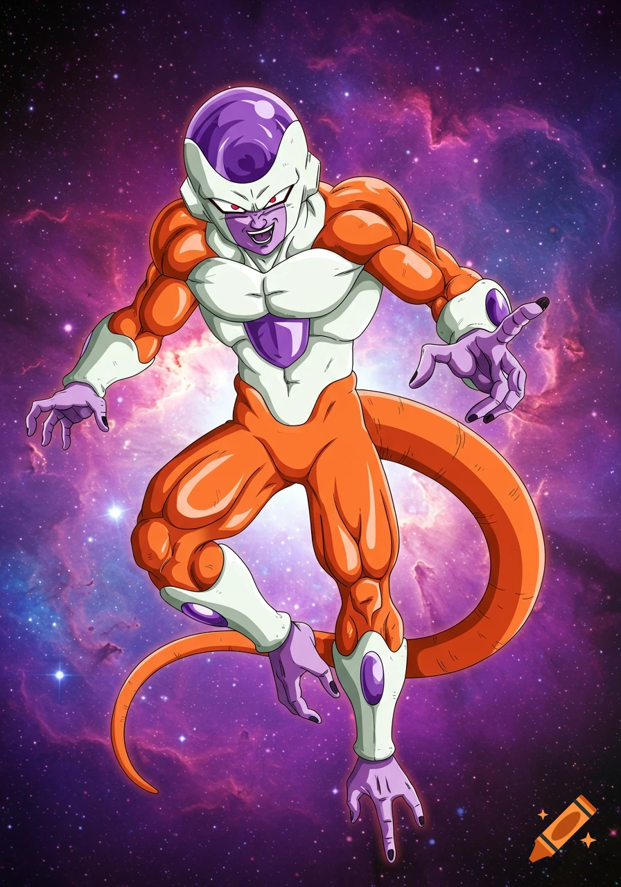 Final form Frieza from Dragon Ball Z floating in space against a purple nebula.