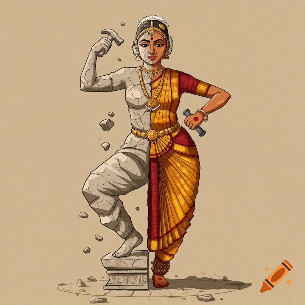 A stylized illustration of a woman transforming from stone into a Bharatanatyam dancer holding a hammer and chisel.