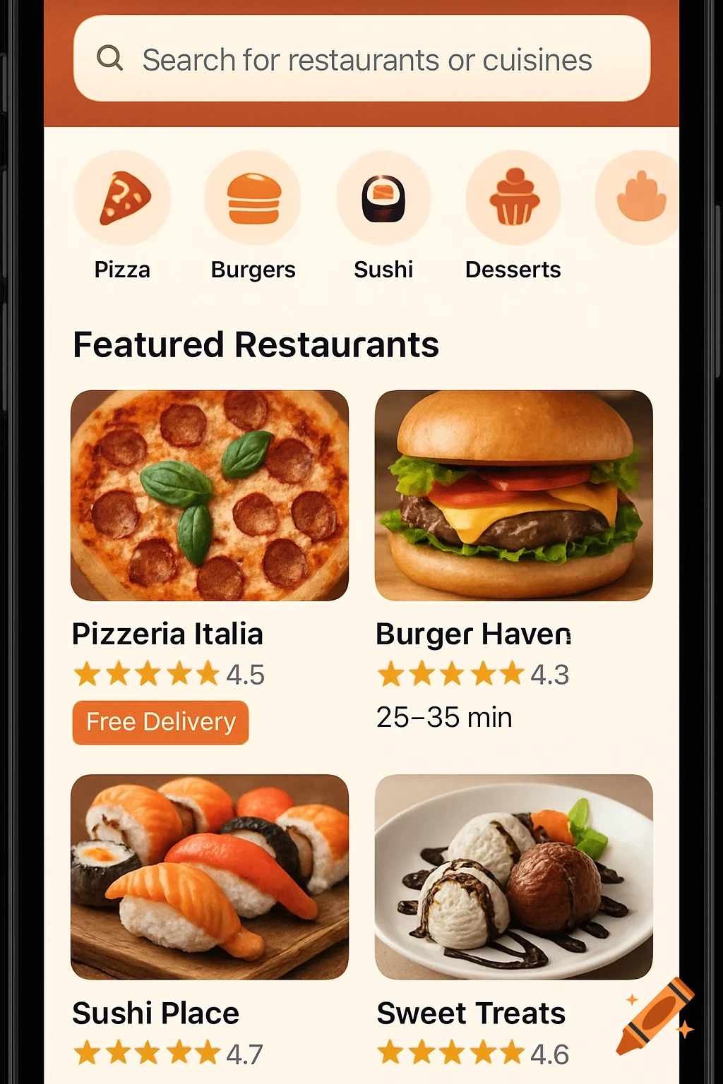Screenshot of a mobile food delivery app showing search, food categories, and featured restaurants with images.