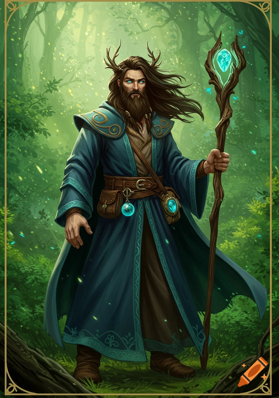 Fantasy illustration of a bearded druidic wizard with antlers in a blue robe holding a staff in a forest.