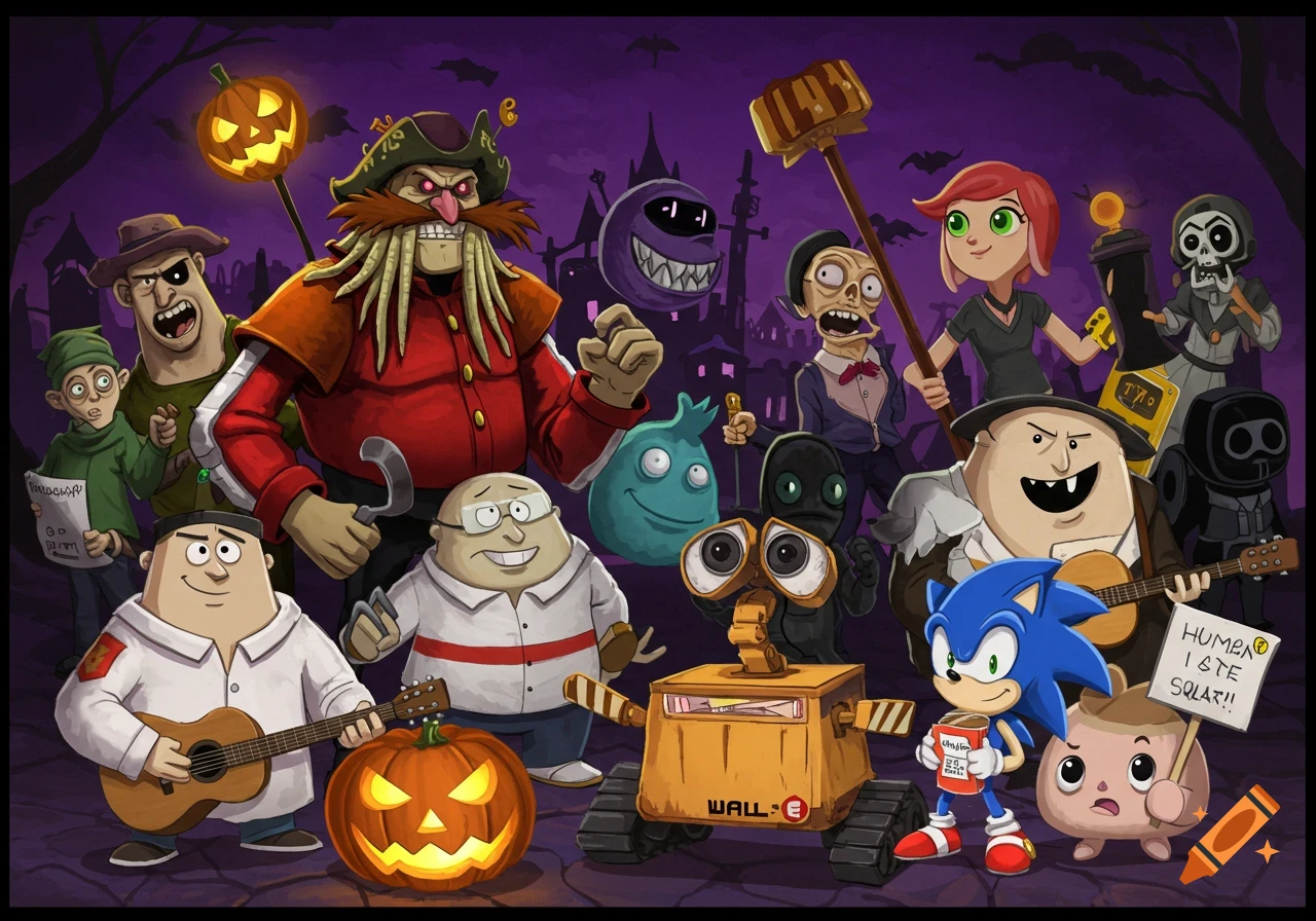 Group of cartoon characters in Halloween costumes against a spooky background.