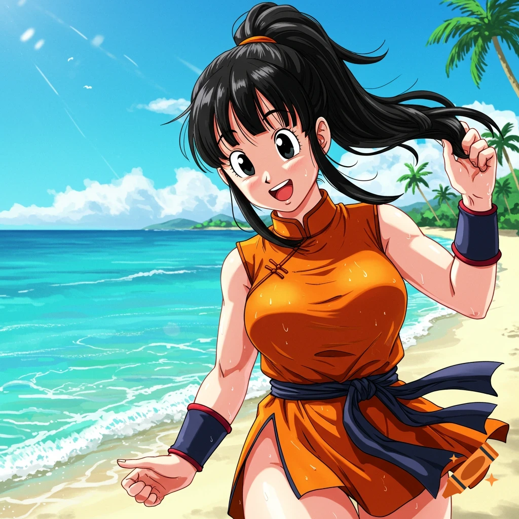 Anime style illustration of Chi Chi from Dragon Ball Z walking on a beach.