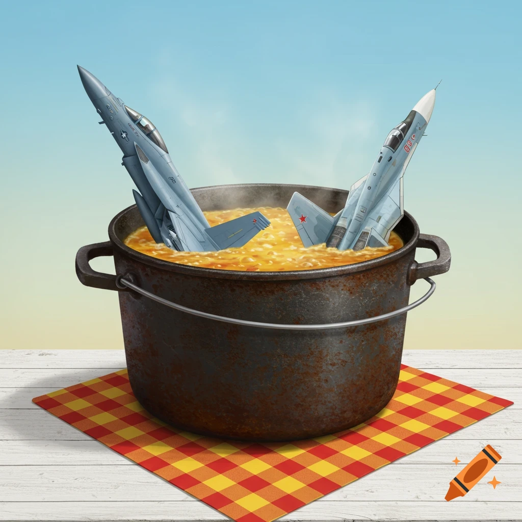 Two fighter jets sit upright in a cast iron cooking pot on a checkered placemat.