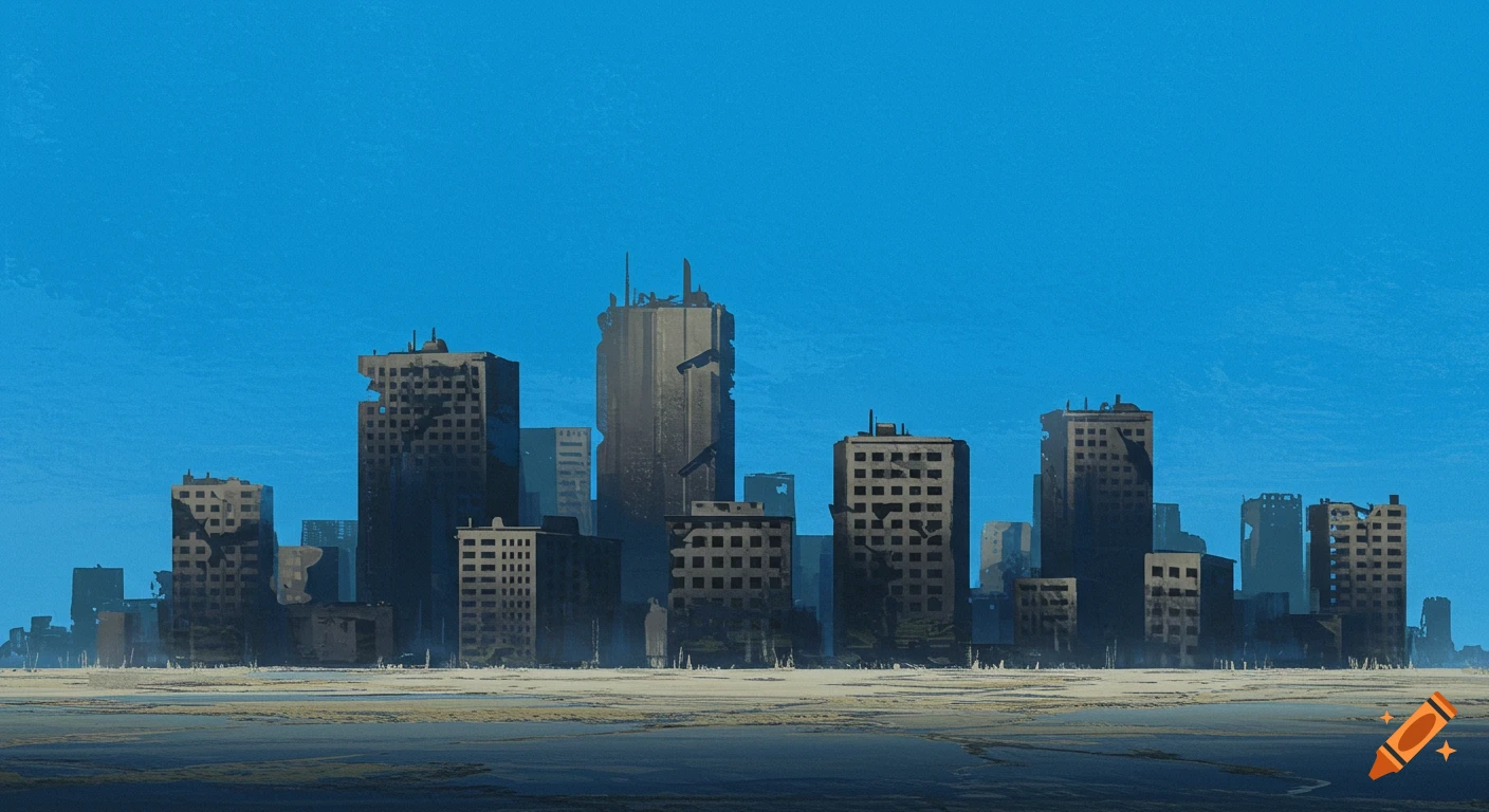 Dilapidated city skyline against a bright blue sky