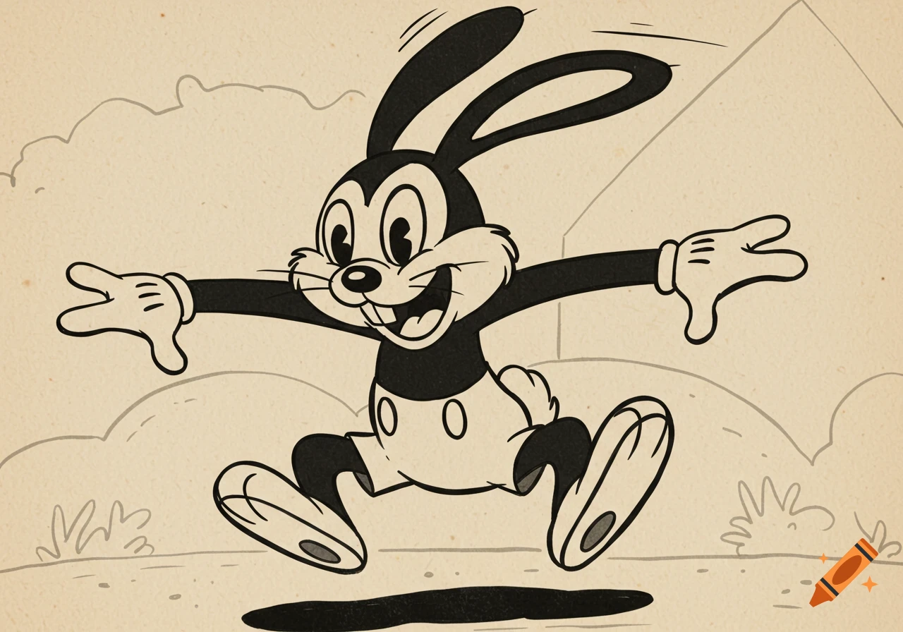 Black and white 1930s cartoon rabbit jumping with arms and legs outstretched.
