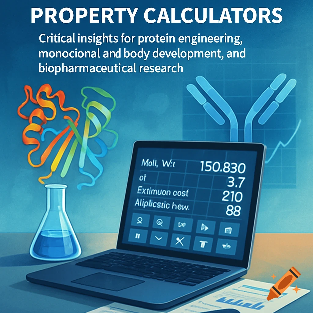 Laptop displaying data alongside a flask, colorful protein structure, and charts, with text header "PROPERTY CALCULATORS" and subtitle about biopharmaceutical research.