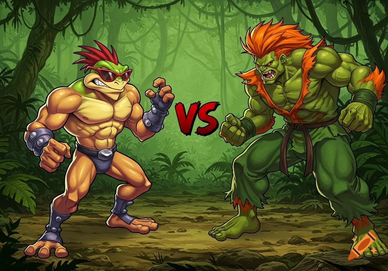 Comic art of a muscular frog with sunglasses fighting a green monster in a jungle with 'VS' text.