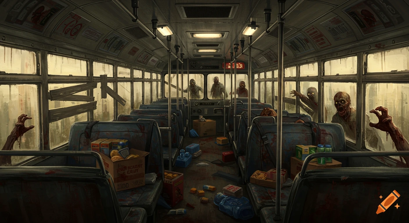 Realistic depiction of the interior of a dilapidated bus overrun by zombies reaching through windows.