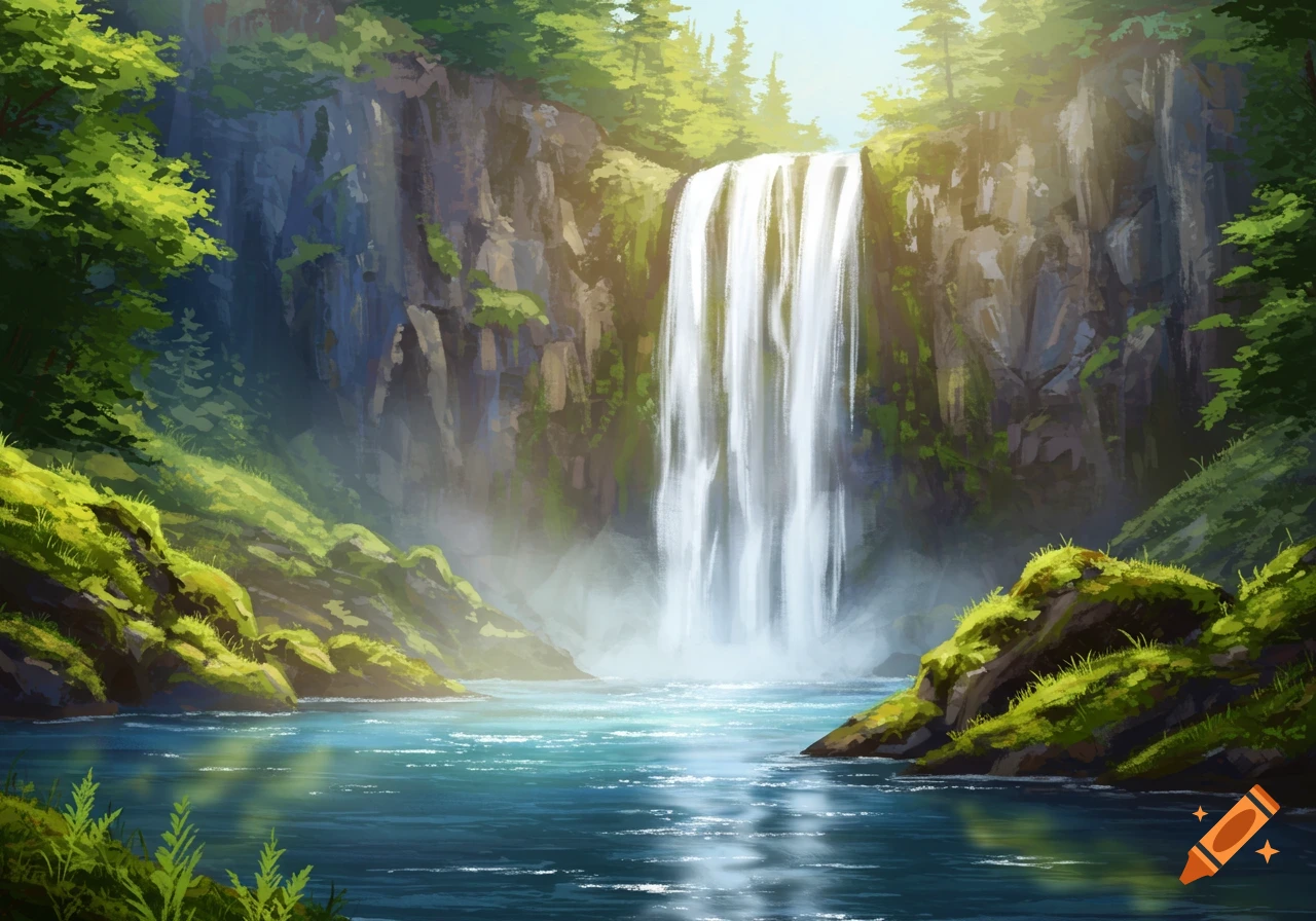 A digital painting of a tall waterfall in a lush forest.