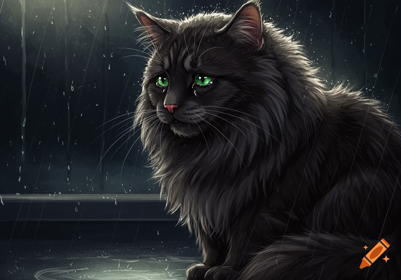 Digital painting of a sad fluffy black cat with green eyes crying in the rain.