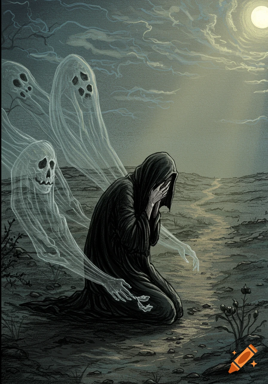 A hooded figure kneels in a barren landscape, surrounded by transparent ghosts, under a moonlit sky. Drawing.