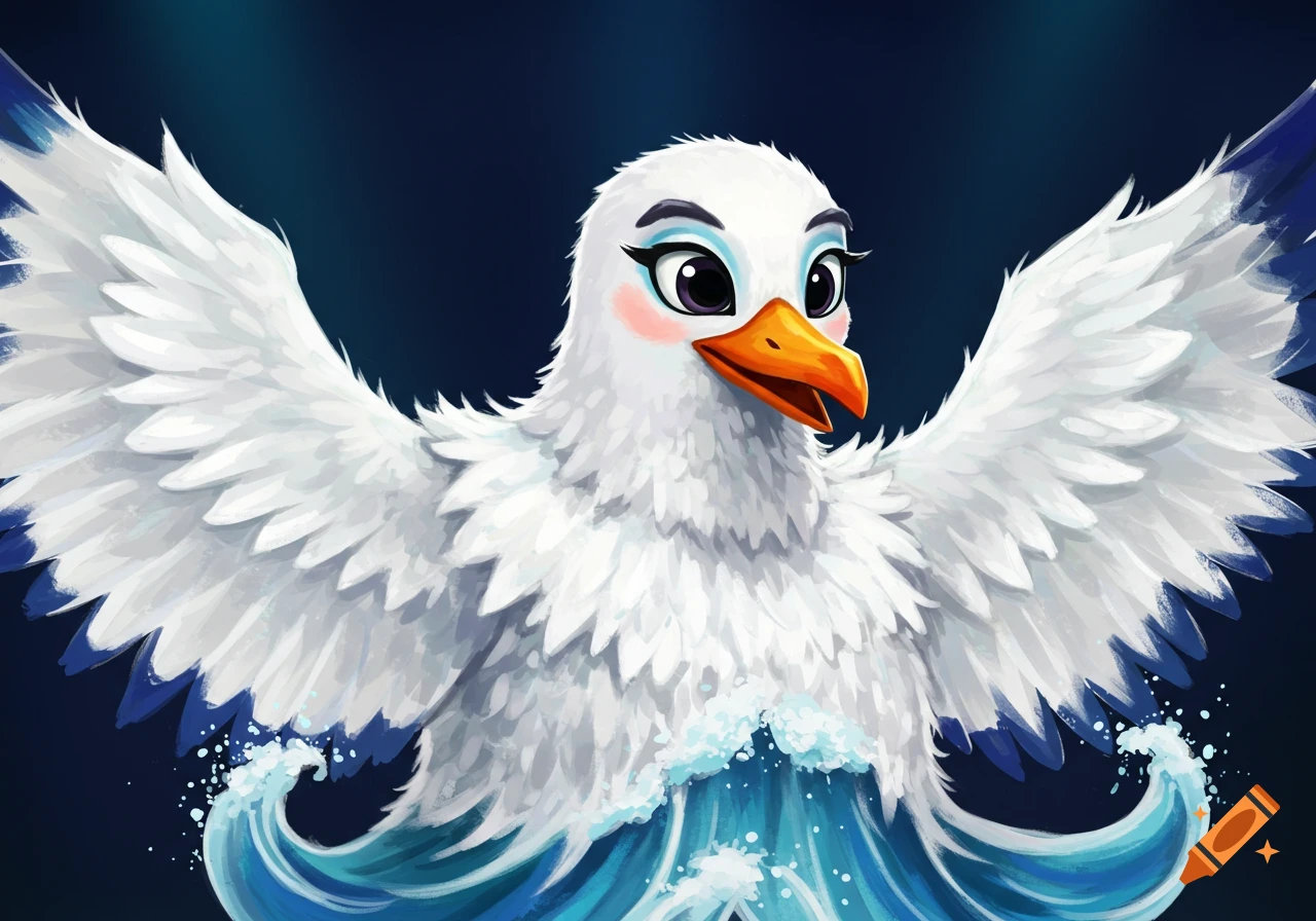 Stylized seagull character costume rising from waves with large white wings.