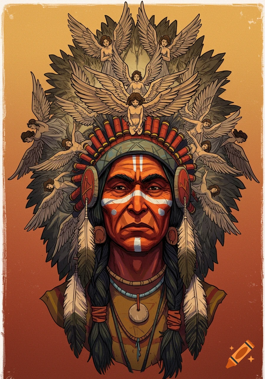 Illustration of a Native American chief with war paint wearing a headdress made of winged angels.