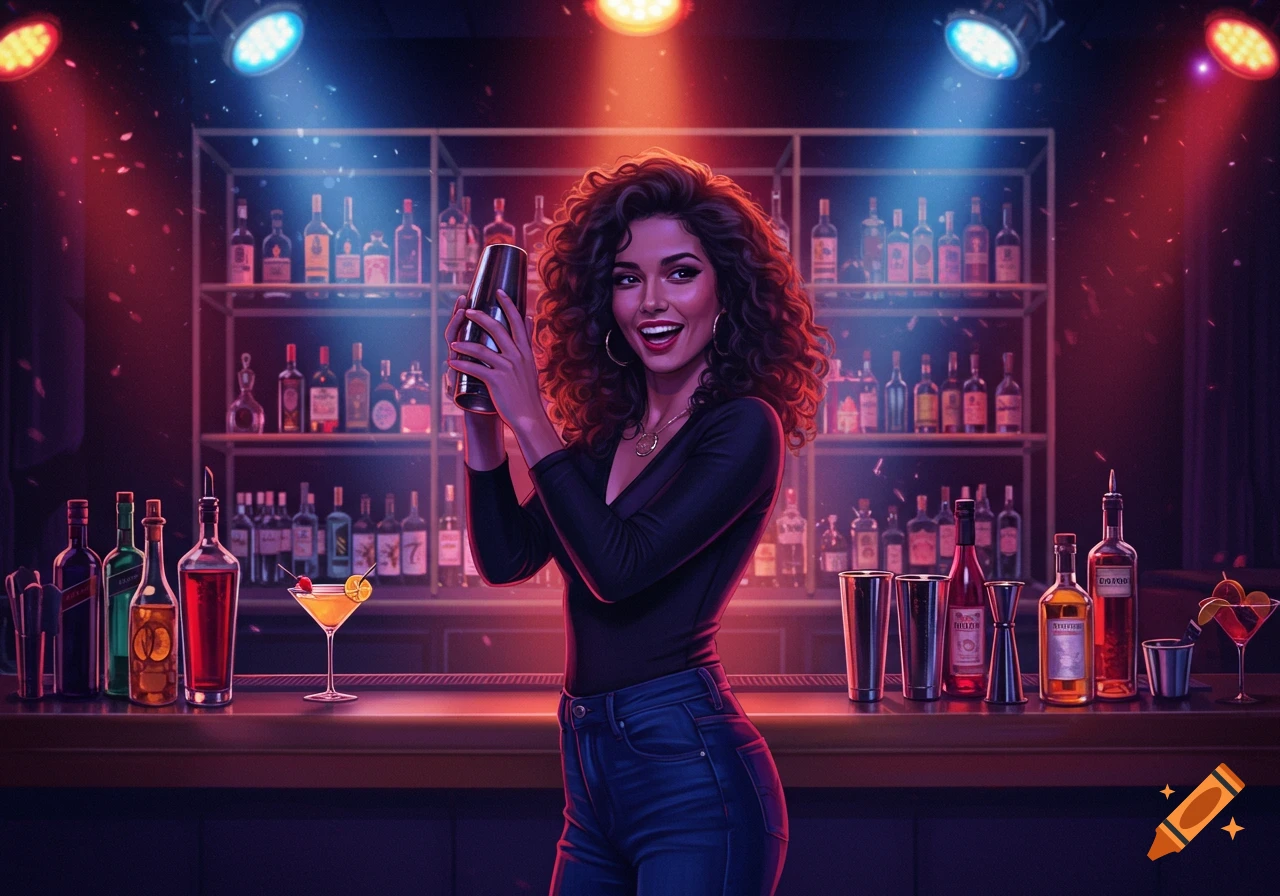 A woman shakes a cocktail shaker behind a bar with bottles.