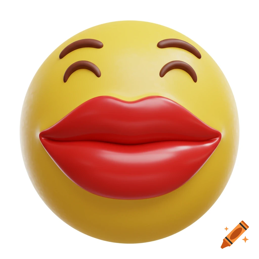 A 3D render of a yellow emoji with red lips and closed eyes.