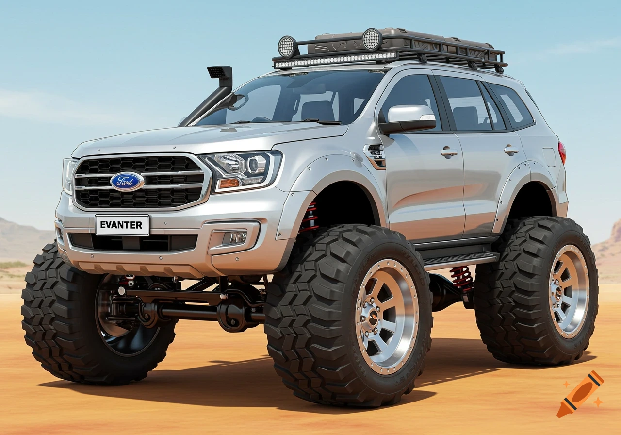 Silver Ford Everest SUV monster truck with huge off-road tires, lift kit, roof rack, and snorkel in a desert.
