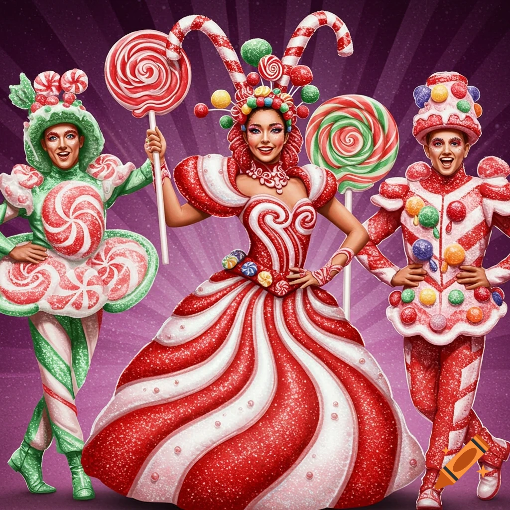 Three people in elaborate, sparkling candy-themed costumes against a purple background. The central figure wears a red and white striped dress and a candy headdress, holding a lollipop. The figures on the sides wear green and white or red and white striped suits decorated with candies.