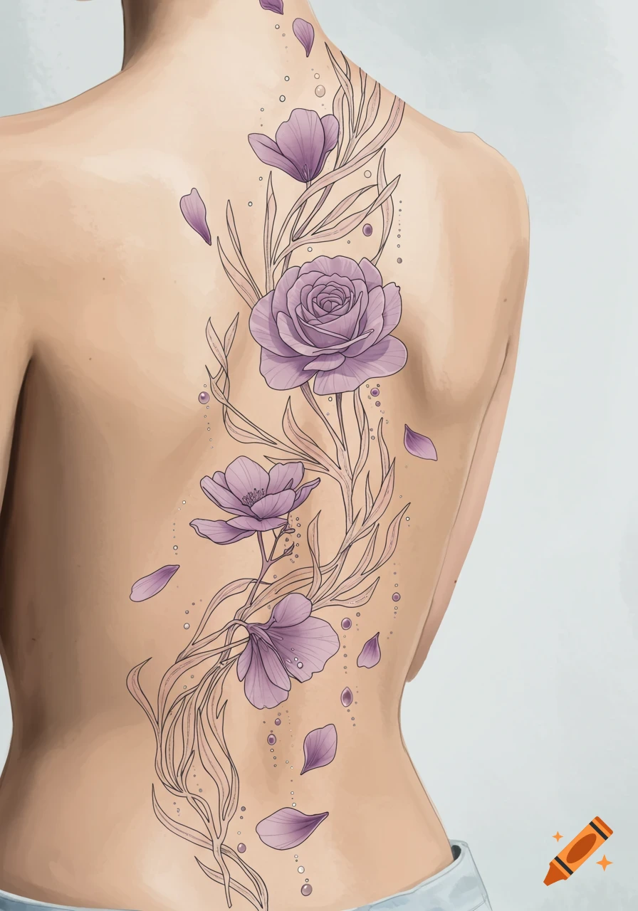 Illustrative floral and vine tattoo design on a person's back.