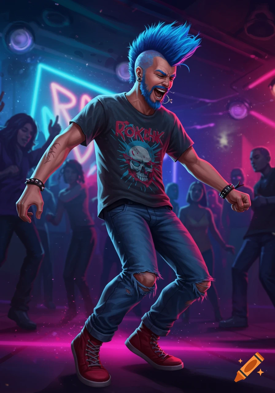 A man with a blue mohawk dances in a nightclub under neon lights.