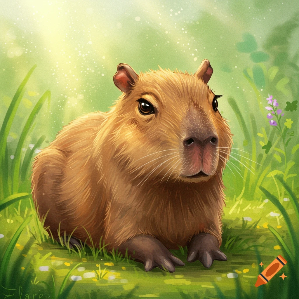 A cute capybara sits in a grassy field under dappled sunlight in a digital painting.