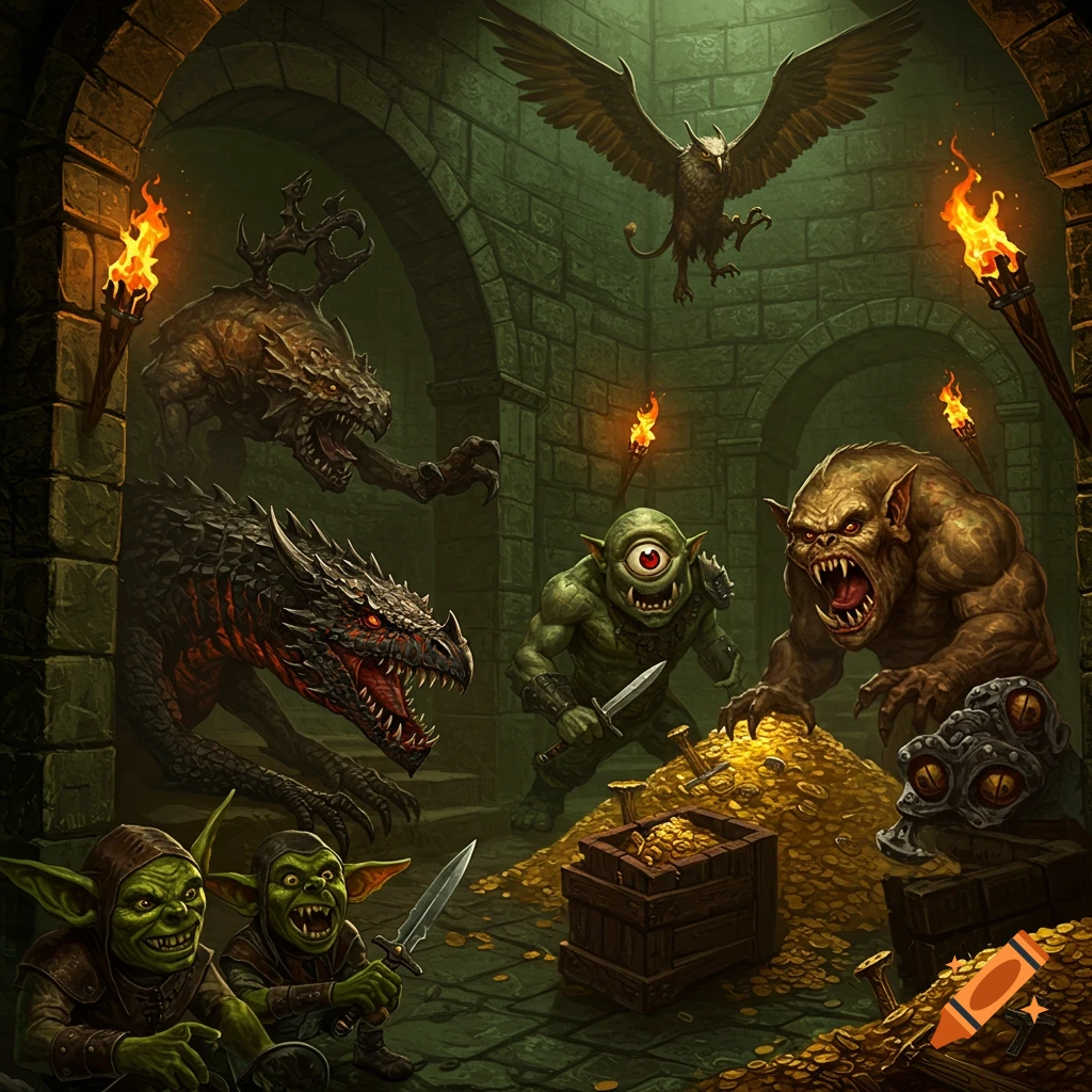 Fantasy creatures guarding gold in a dungeon.