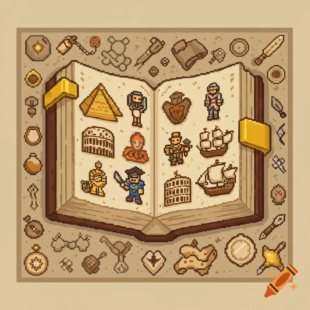 Pixel art of an open book filled with historical icons like a pyramid, Colosseum, and ships, surrounded by more icons.